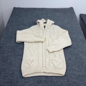 Vintage Ishka Cardigan Mens Ivory Wool Cable Knit Hooded Zip Up Boho Hippie